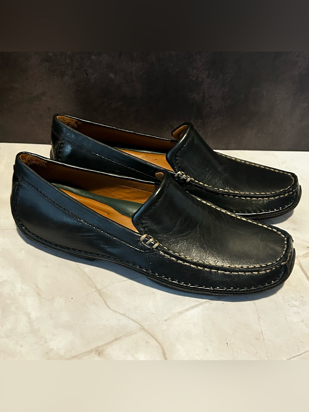 H.S. Trask Black Leather Slip-On Loafers with Contrast Stitching